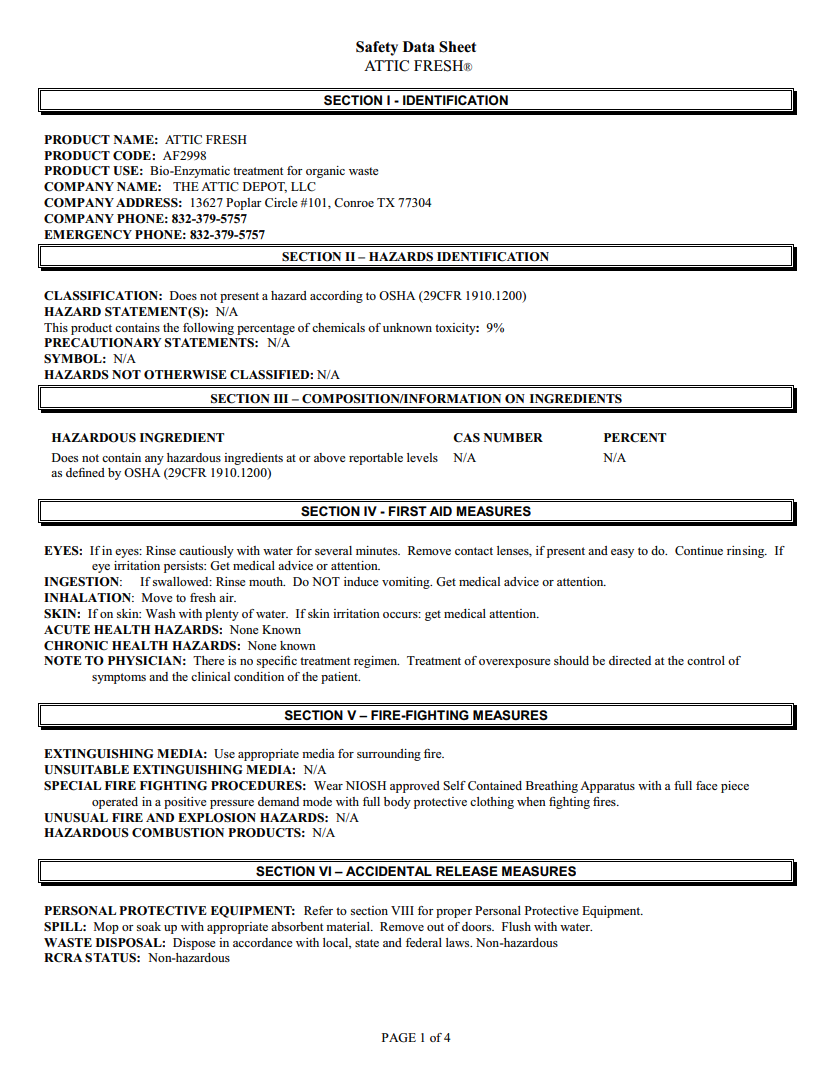 Attic Fresh MDS Sheet